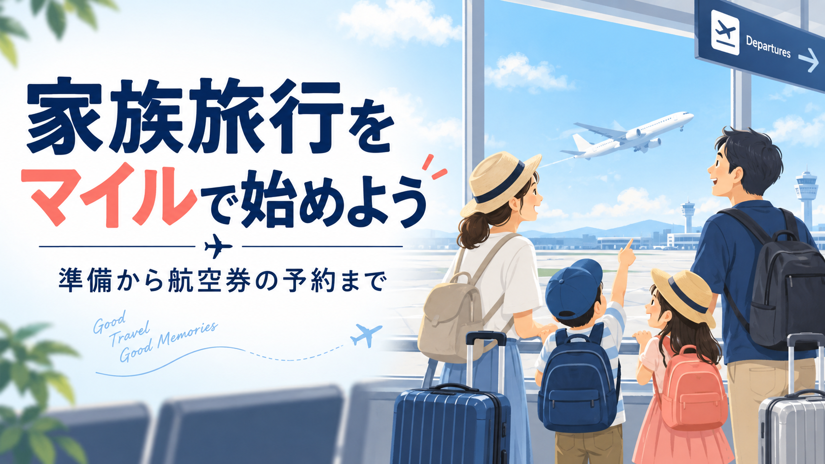 空港で飛行機を見ながら旅行を楽しみにする4人家族。家族旅行をマイルで始めよう、準備から航空券の予約まで